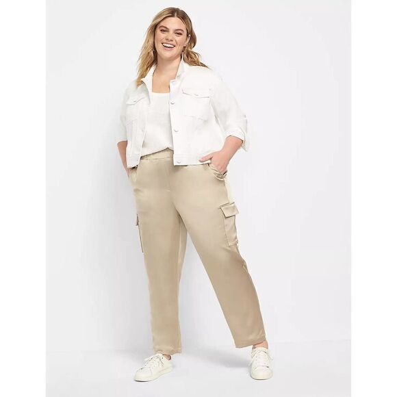 NEW Lane Bryant Satin Cargo Jogger Pants Sz 22 neutral tan boho - Picture 1 of 11